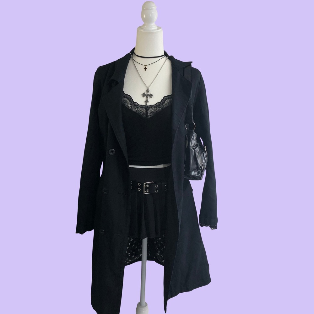 Vintage Y2K Hurley Black Trench Coat Womens M Belted Mall Goth Emo Gothic 2000s